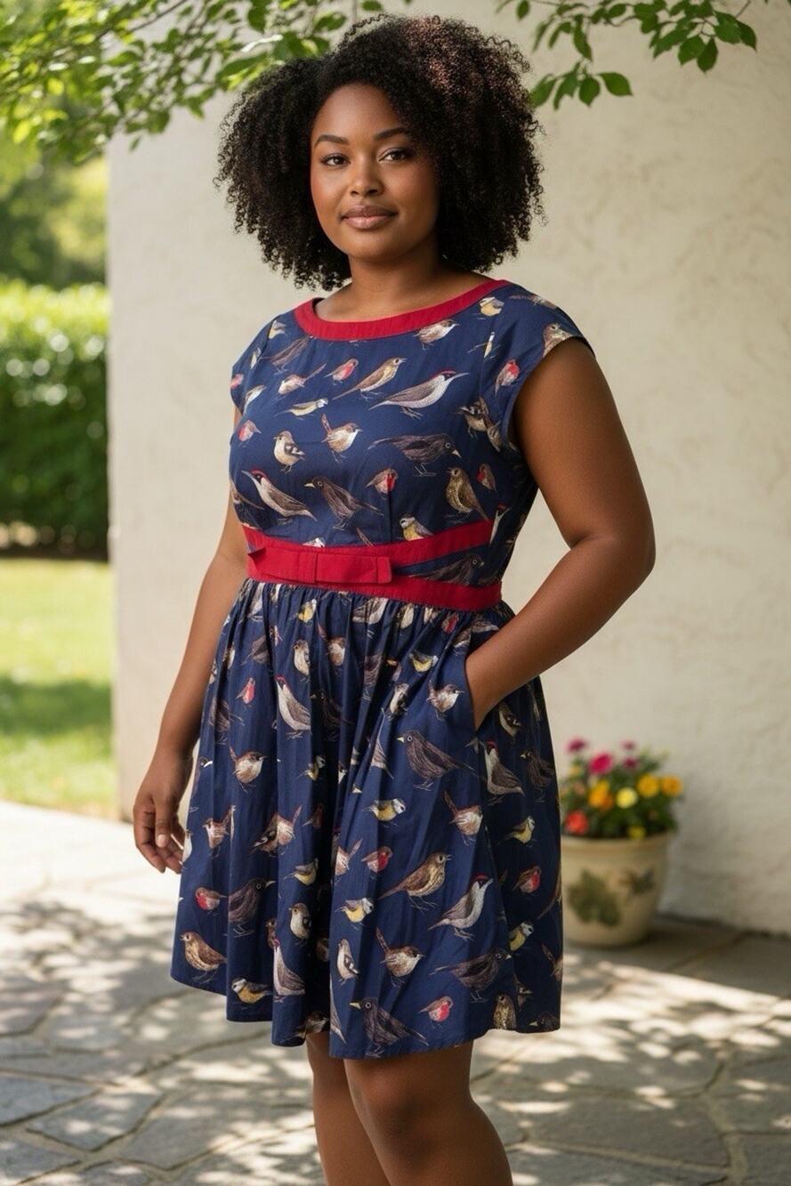Eshaki Dress w/Pockets Jasmine Navy With Bird motif Size 16/ XL